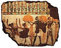 Ausschnitt aus einer Wandmalerei aus der Grabkapelle des Sobekhotep (TT63), auf dem Nubier dem g. Knig Gold als Tribut bringen. Zum leichteren Transport war das Gold in Ringe gegossen worden. 18. Dynastie. Theben