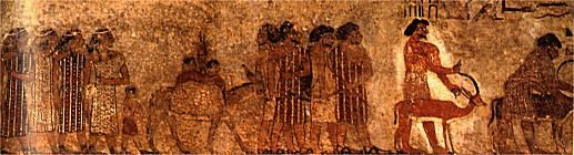 Handelskarawane aus benachbarten asiatischen Staaten bringt Gter nach gypten, Malerei auf verputztem Kalkstein, Grab des Chnumhotep II., 12. Dynastie, um 1880 v. Chr., Beni Hassan