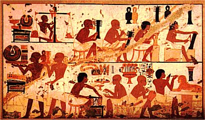 Detail eines thebanischen Grabbildes. Es zeigt hart arbeitende Schmuckhersteller und Zimmermnner