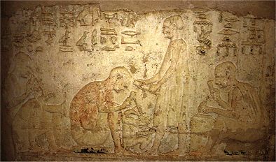Detail einer Wanddarstellung von Metallhandwerkern aus dem Grabtempel des Petosiris, sptes 4. Jh. v. Chr.