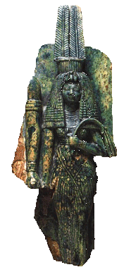 Statuette von Teje, der Groen Kniglichen Gemahlin von Amenhotep III. mit Geiergewand und -percke. Dies und die hohe doppelte Federkrone verweisen auf die geierkpfige Gttin