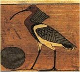 Ausschnitt Sarg des Seni. Die abgebildete Hieroglyphe zeigt den mit einem Schopf versehenen Ach-Vogel, MR, um 2000 v. Chr., bemaltes Holz