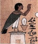 Ausschnitt aus dem Totenbuch des Hunefer. Kapitel 17 mit einem Ba-Vogel auf einer schreinfrmigen Plinthe. 19. Dyn., um 1280 v. Chr., bemalter Papyrus, aus Theben