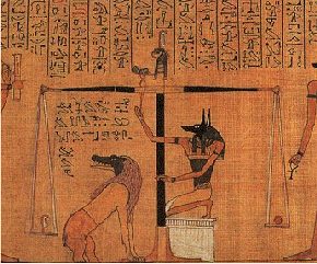 Ausschnitt aus dem Totenbuch de Hunefer, Kapitel 125, Ammit sitzt zwischen den beiden Waagschalen, auf denen das Herz des Verstorbenen gegen die Feder der Maat aufgewogen wird, 19. Dyn., um 1280 v. Chr., bemalter Papyrus - Bildquelle: Lexikon des alten gypten von Shaw / Nicholson